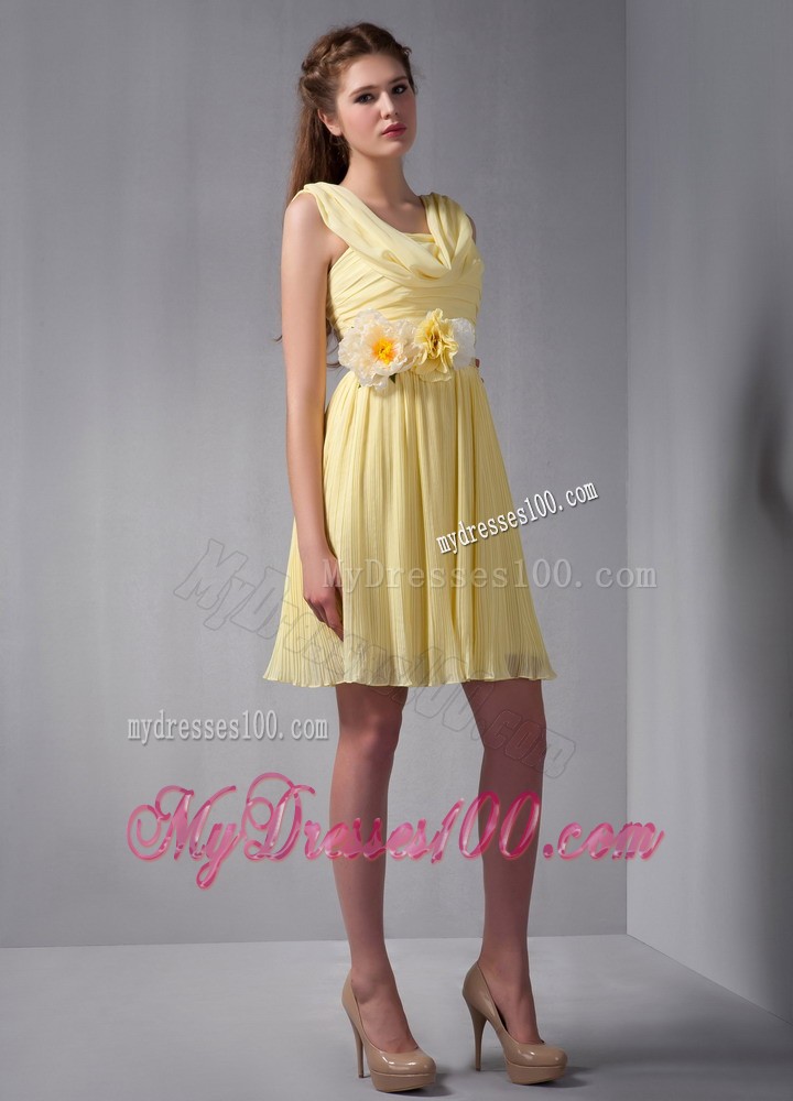 Yellow Empire Straps Mini-length Hand Made Flower Prom Dress