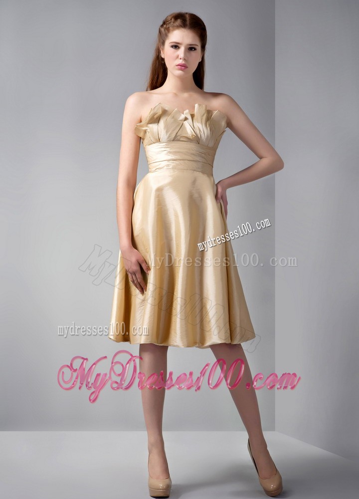 Gold Empire Strapless Elastic Woven Satin Ruche Bridesmaid Dress
