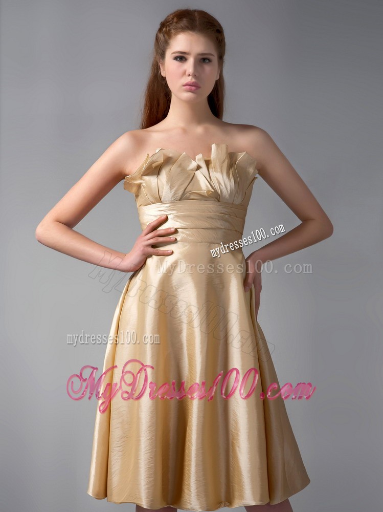 Gold Empire Strapless Elastic Woven Satin Ruche Bridesmaid Dress