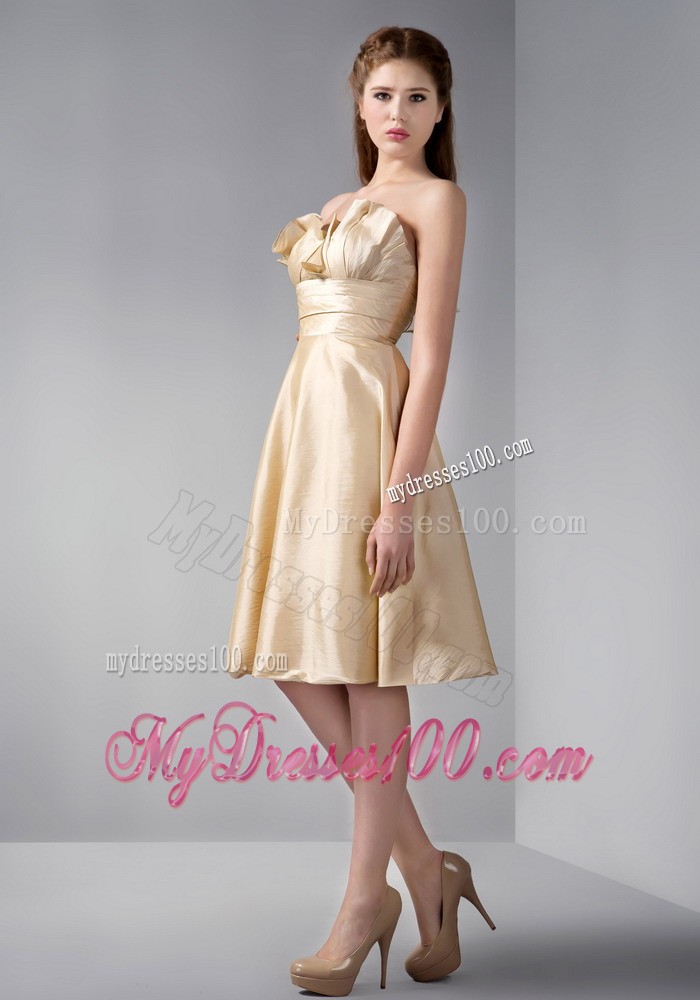 Gold Empire Strapless Elastic Woven Satin Ruche Bridesmaid Dress