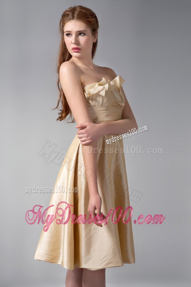 Gold Empire Strapless Elastic Woven Satin Ruche Bridesmaid Dress