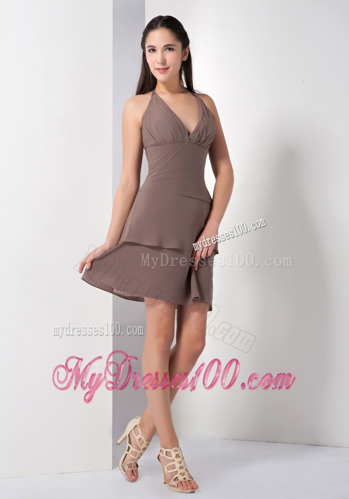Brown A-line Halter Bridesmaid Dress Embellished Two Tiers