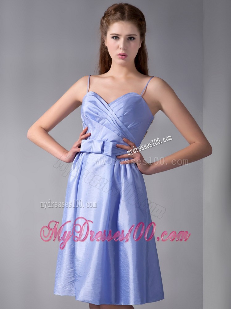 Lilac Column Straps Knee-length Taffeta Ruche Bridesmaid Dress