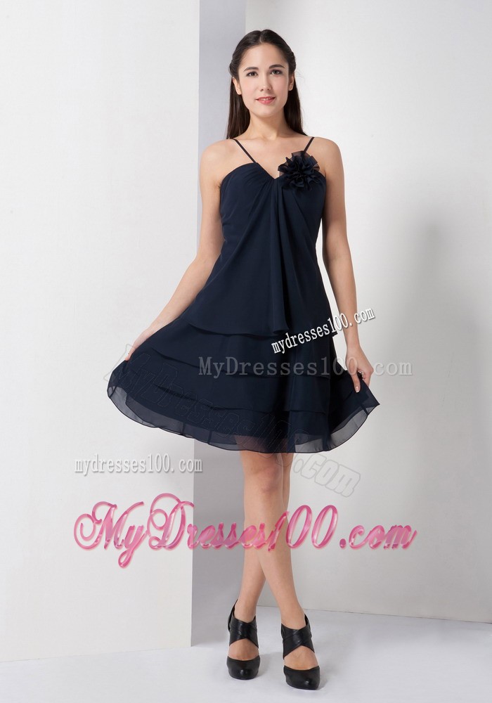 Navy Blue Hand Made Flowers Spaghetti Straps with Knee-length