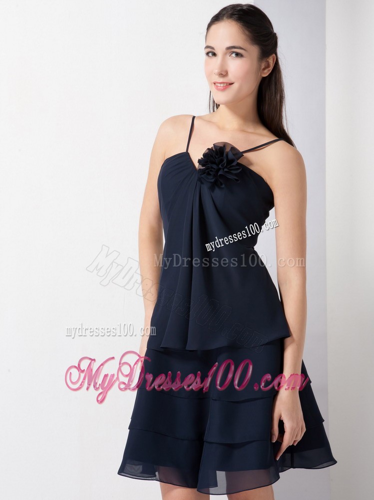 Navy Blue Hand Made Flowers Spaghetti Straps with Knee-length