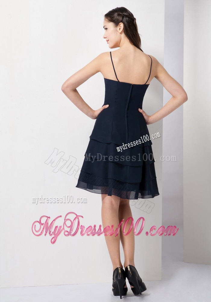 Navy Blue Hand Made Flowers Spaghetti Straps with Knee-length