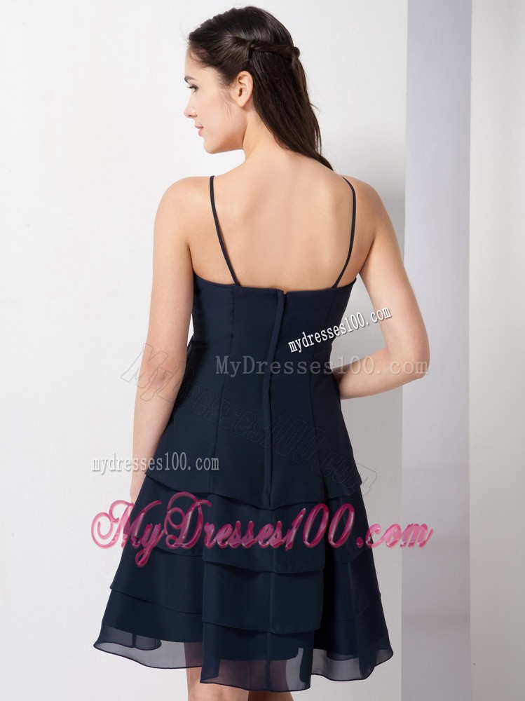 Navy Blue Hand Made Flowers Spaghetti Straps with Knee-length