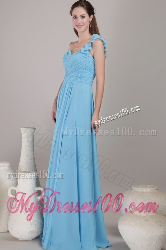 Baby Blue Empire One Shoulder Floor-length Ruched Prom Dress