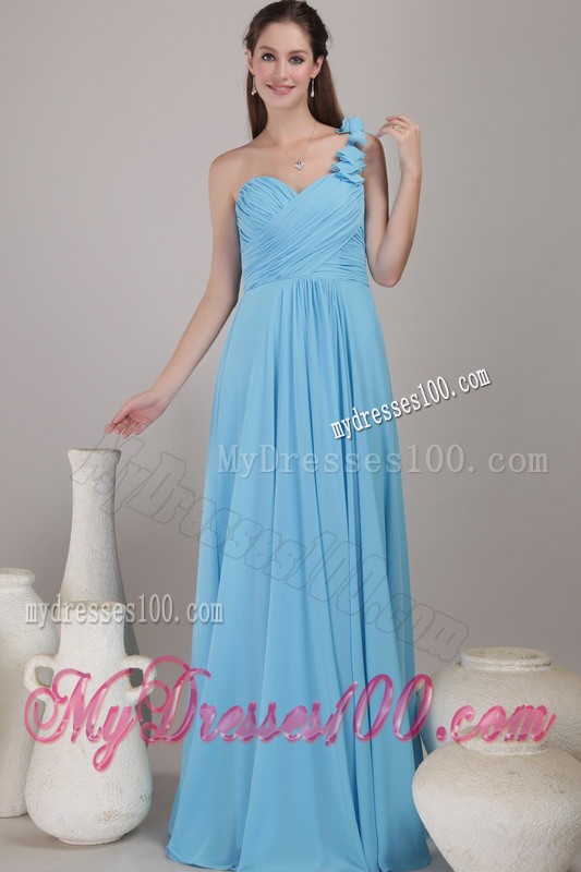 Baby Blue Empire One Shoulder Floor-length Ruched Prom Dress