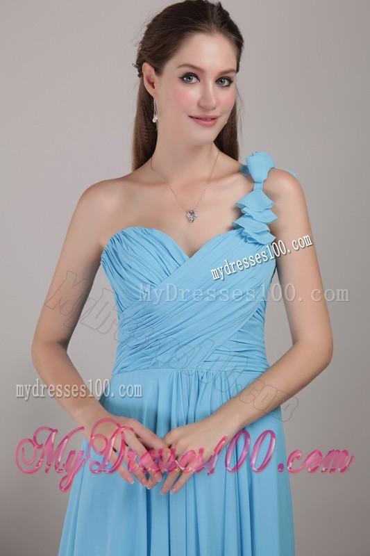 Baby Blue Empire One Shoulder Floor-length Ruched Prom Dress