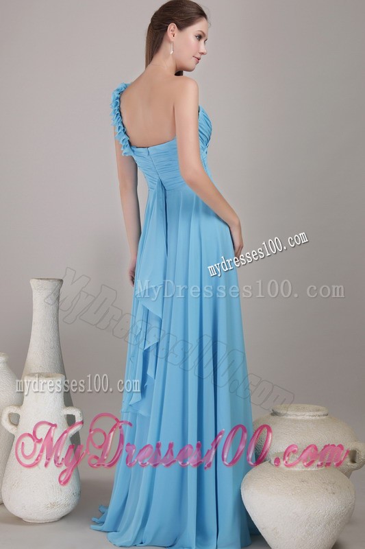 Baby Blue Empire One Shoulder Floor-length Ruched Prom Dress