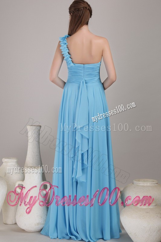 Baby Blue Empire One Shoulder Floor-length Ruched Prom Dress