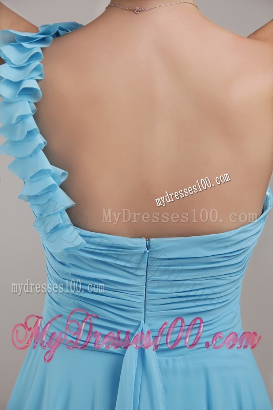 Baby Blue Empire One Shoulder Floor-length Ruched Prom Dress