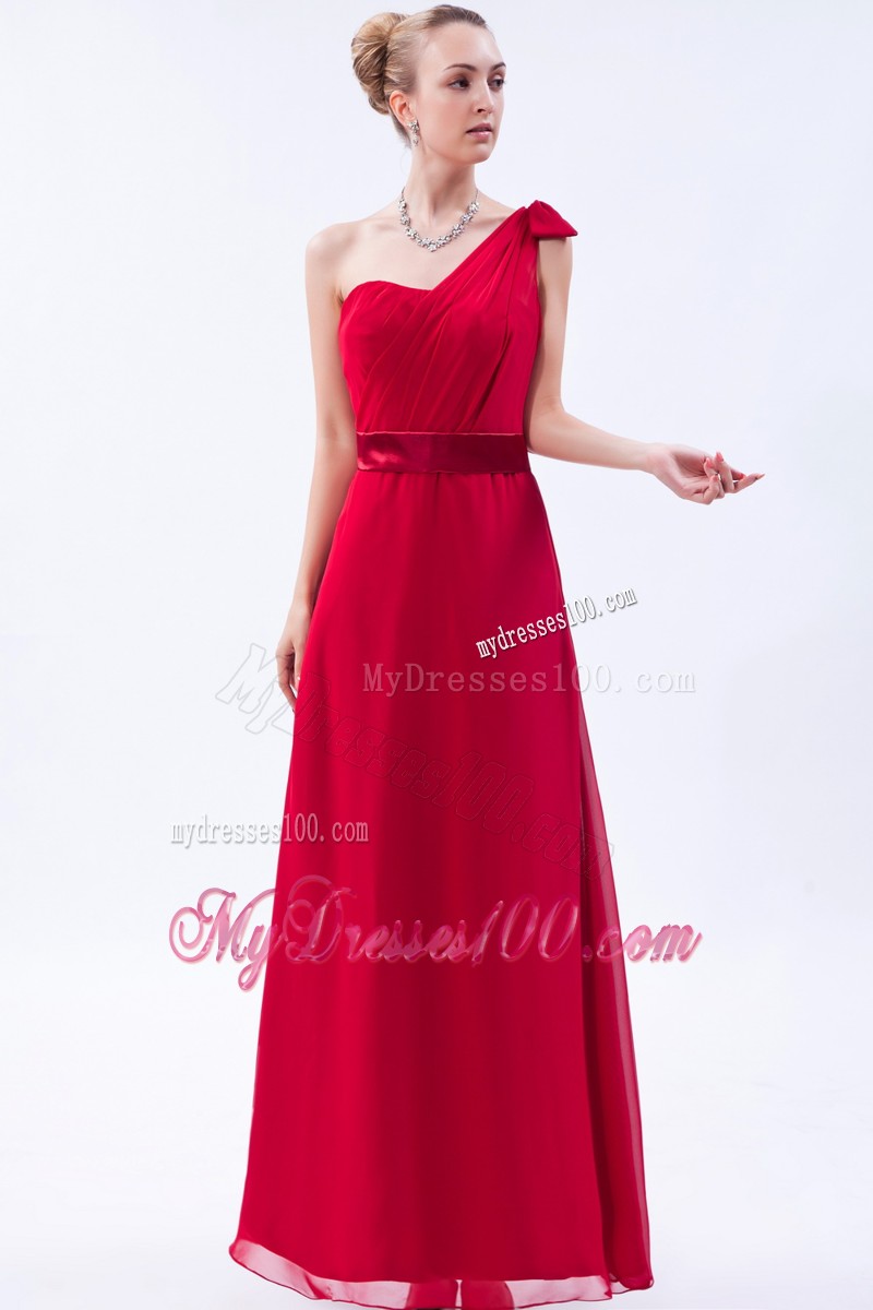 Red Column One Shoulder Ruche Prom Dress with Chiffon Overlay