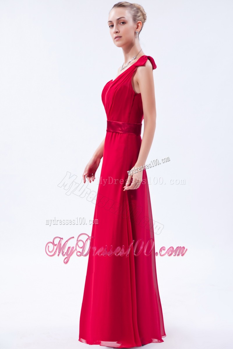 Red Column One Shoulder Ruche Prom Dress with Chiffon Overlay