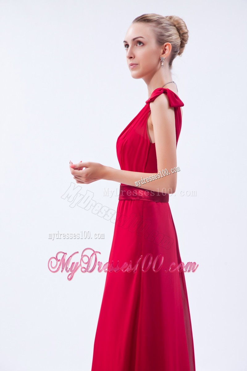Red Column One Shoulder Ruche Prom Dress with Chiffon Overlay