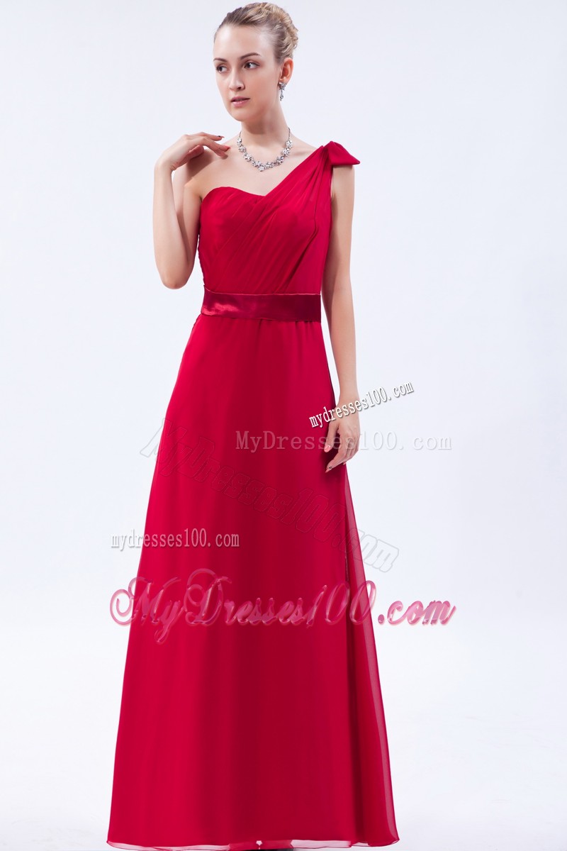 Red Column One Shoulder Ruche Prom Dress with Chiffon Overlay