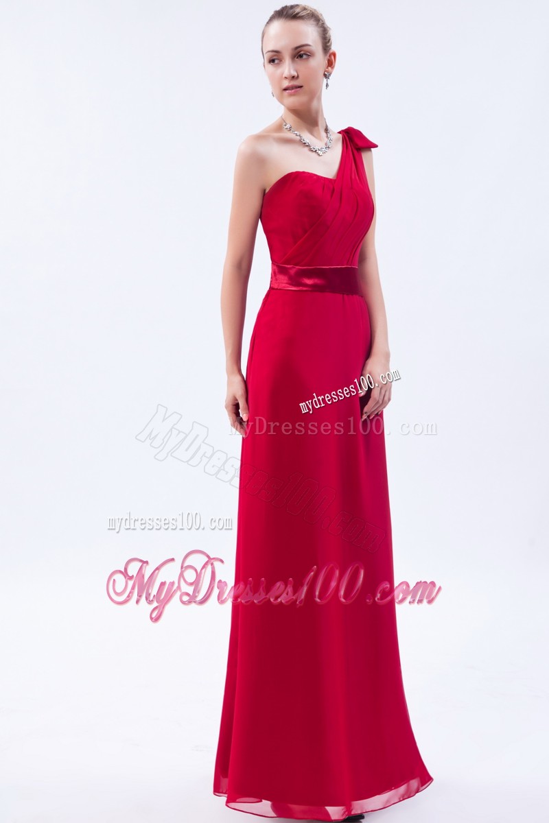 Red Column One Shoulder Ruche Prom Dress with Chiffon Overlay