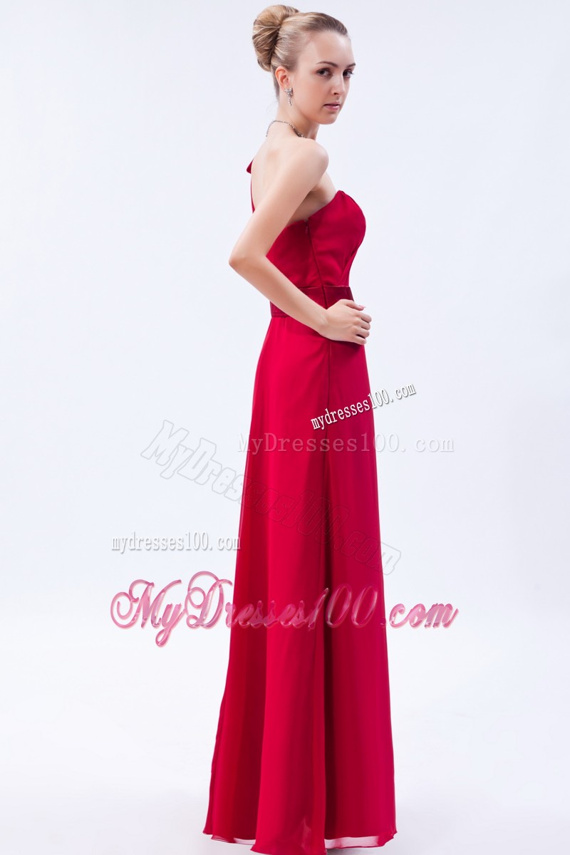 Red Column One Shoulder Ruche Prom Dress with Chiffon Overlay