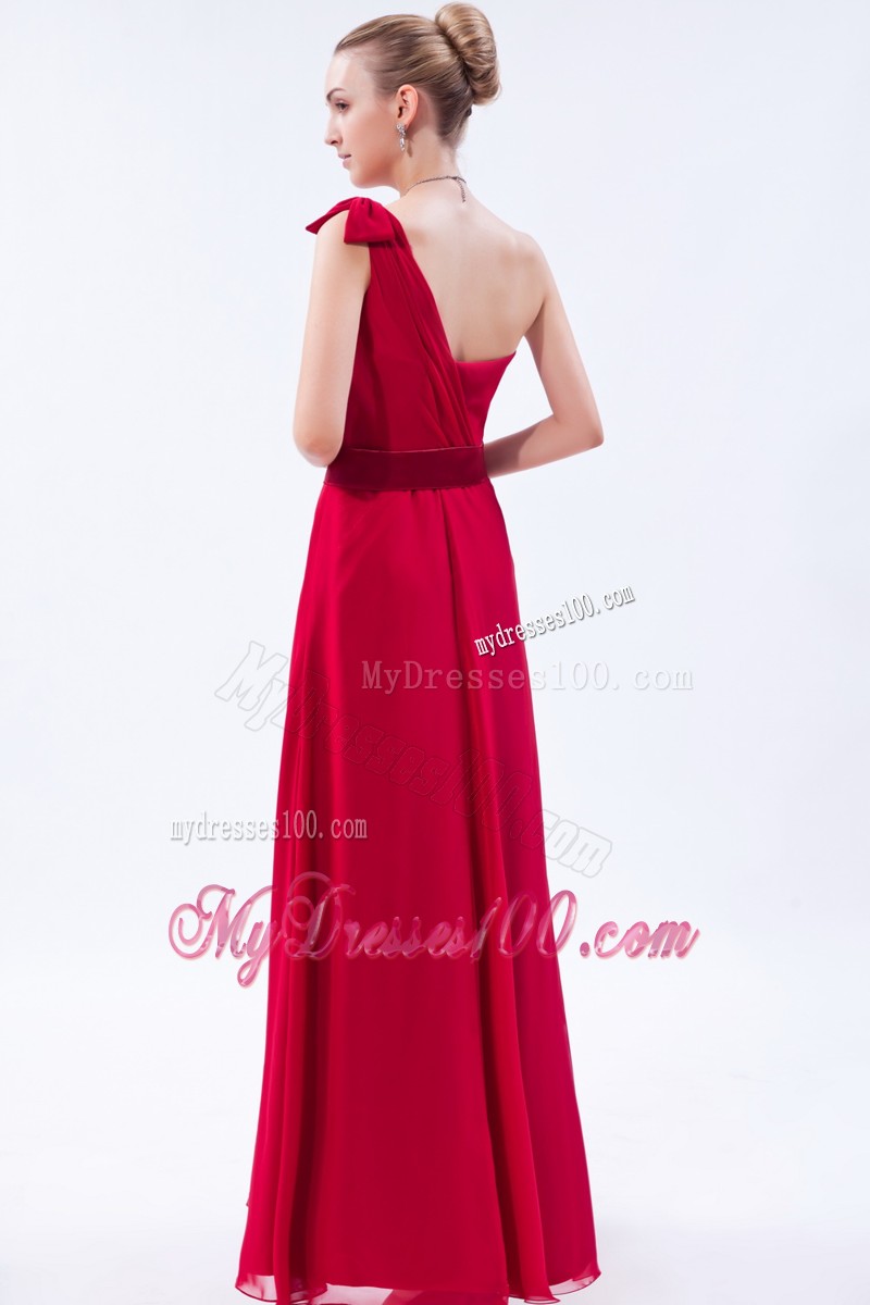 Red Column One Shoulder Ruche Prom Dress with Chiffon Overlay