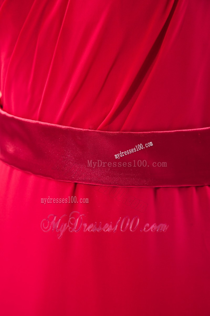 Red Column One Shoulder Ruche Prom Dress with Chiffon Overlay