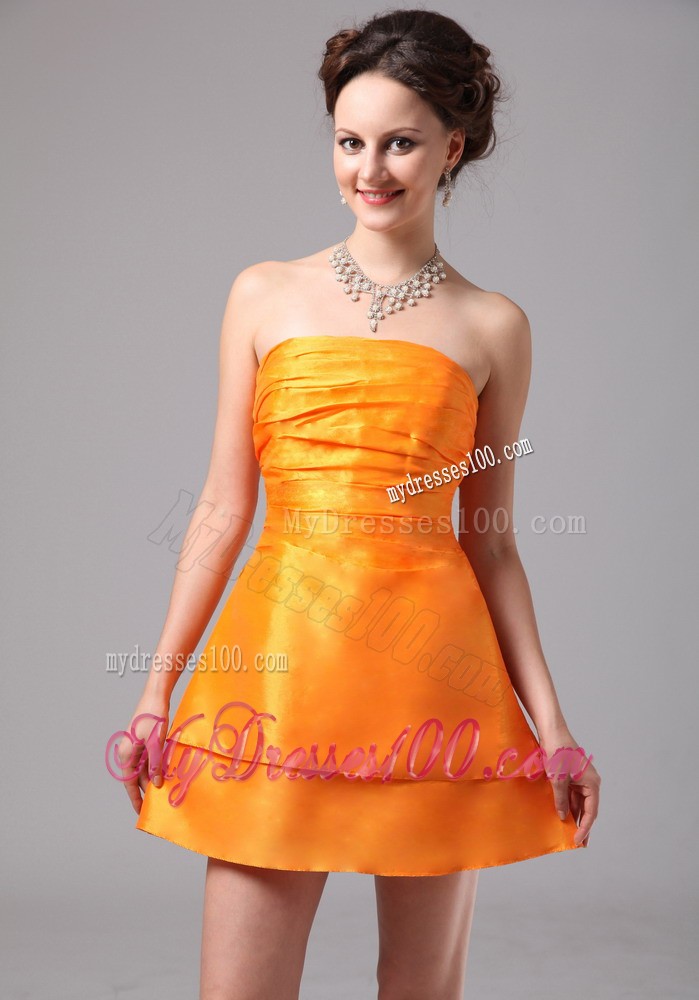 Ruched Bright Orange Mini-length Bridesmaid Dress for Juniors