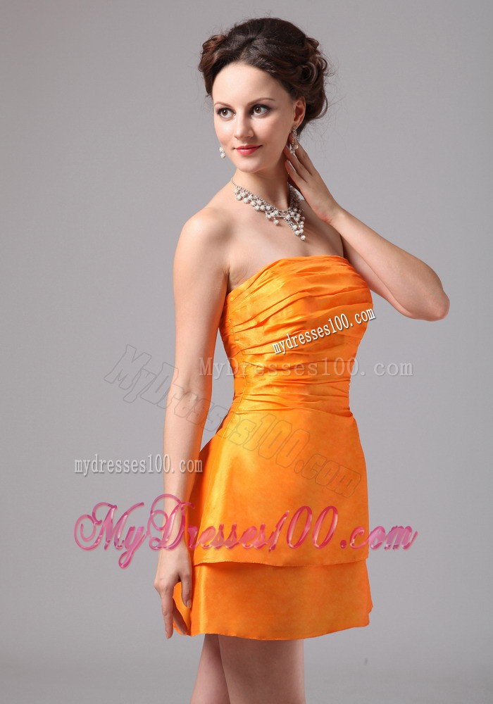 Ruched Bright Orange Mini-length Bridesmaid Dress for Juniors