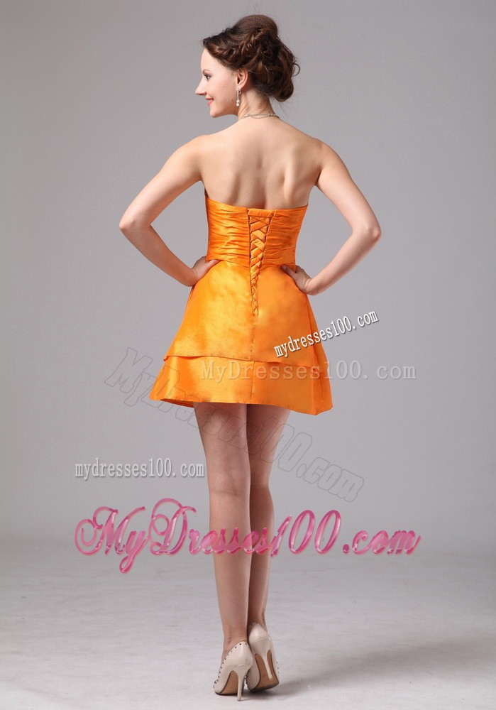 Ruched Bright Orange Mini-length Bridesmaid Dress for Juniors