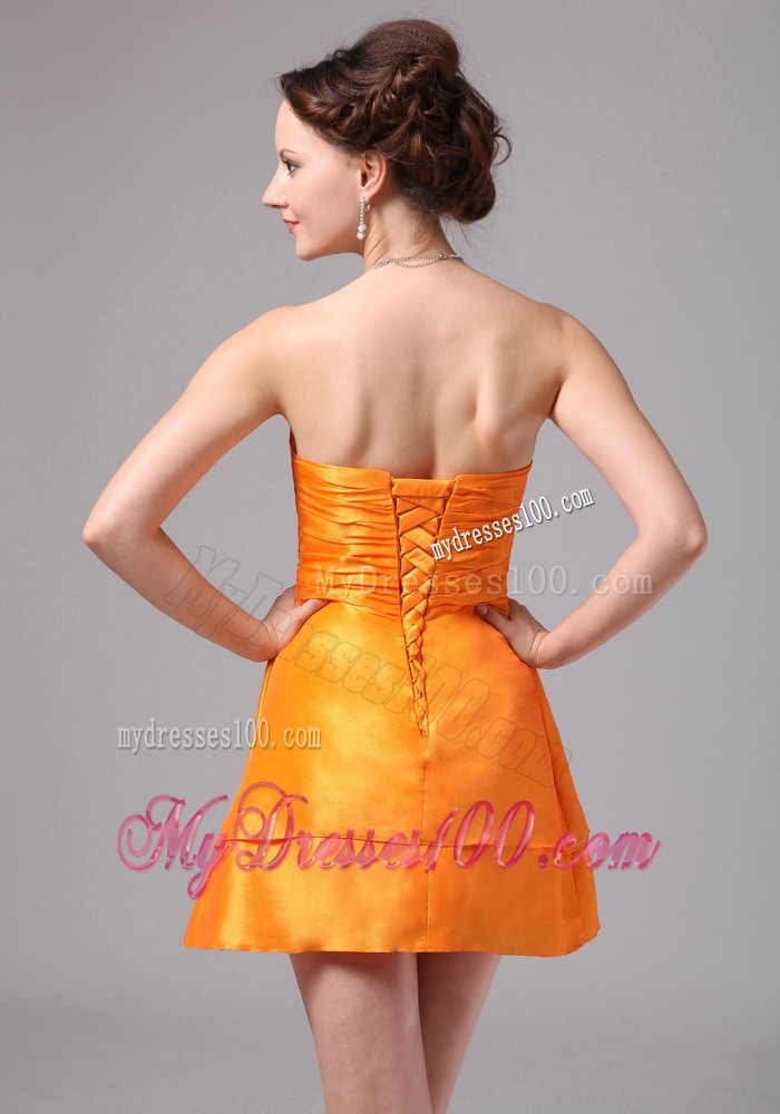 Ruched Bright Orange Mini-length Bridesmaid Dress for Juniors