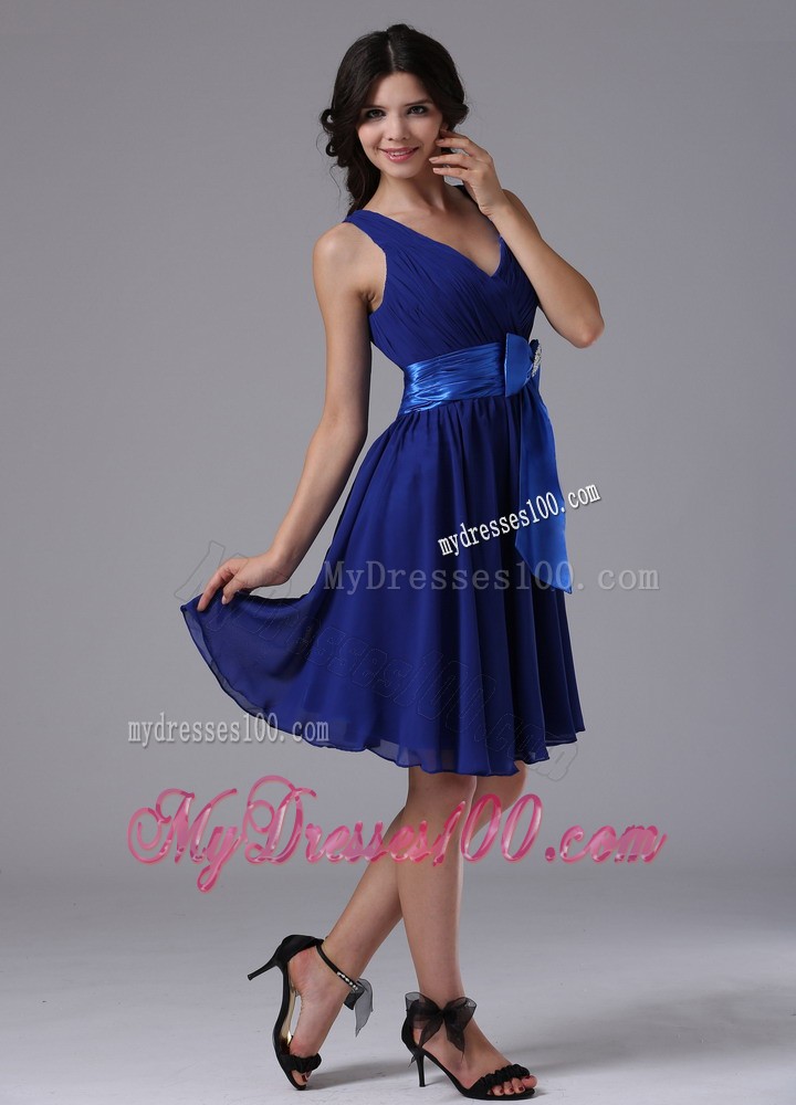 Peacock Blue Prom Dress with Different Shade Color and V neck
