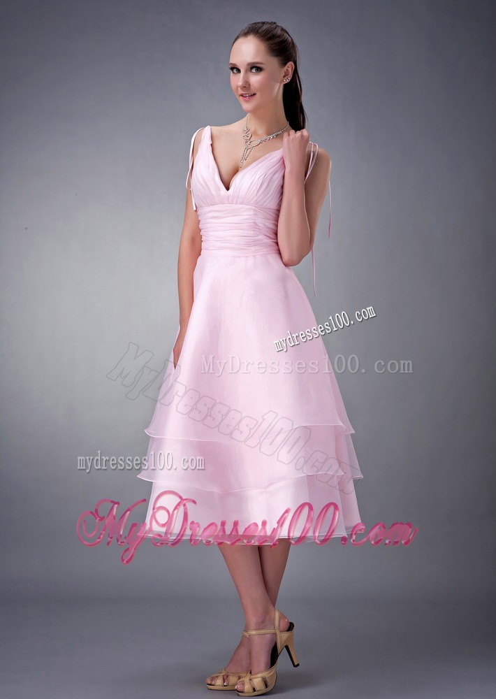 Baby Pink Princess V-neck Bridesmaid Dress for Layered Design