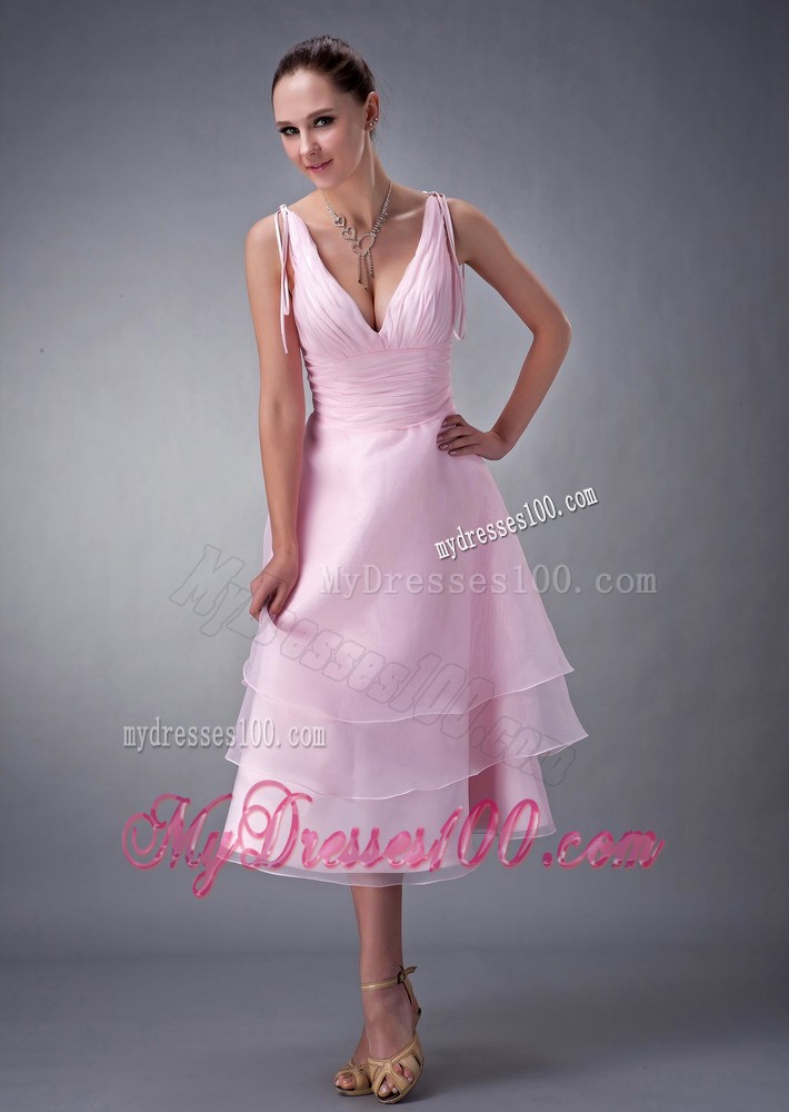 Baby Pink Princess V-neck Bridesmaid Dress for Layered Design
