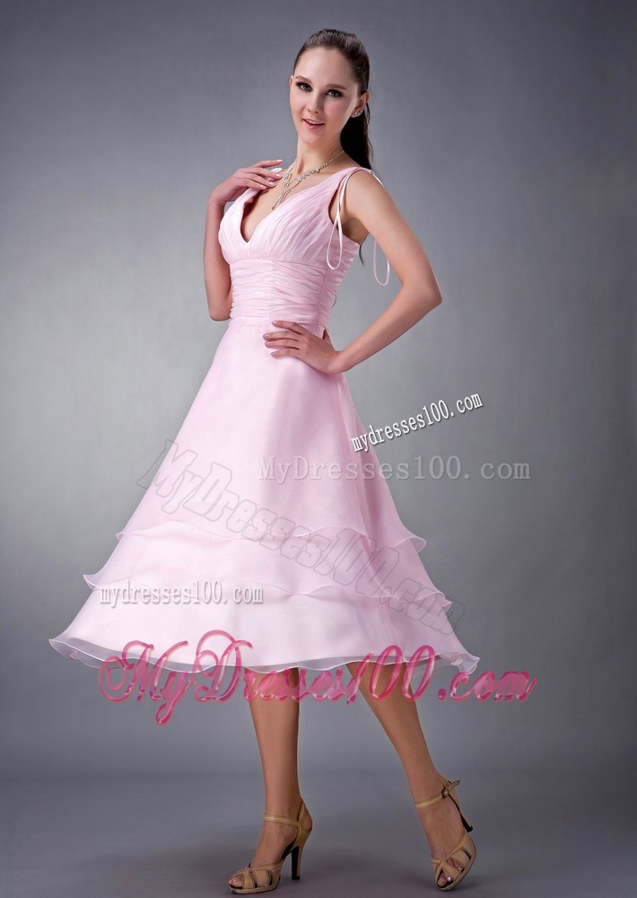 Baby Pink Princess V-neck Bridesmaid Dress for Layered Design