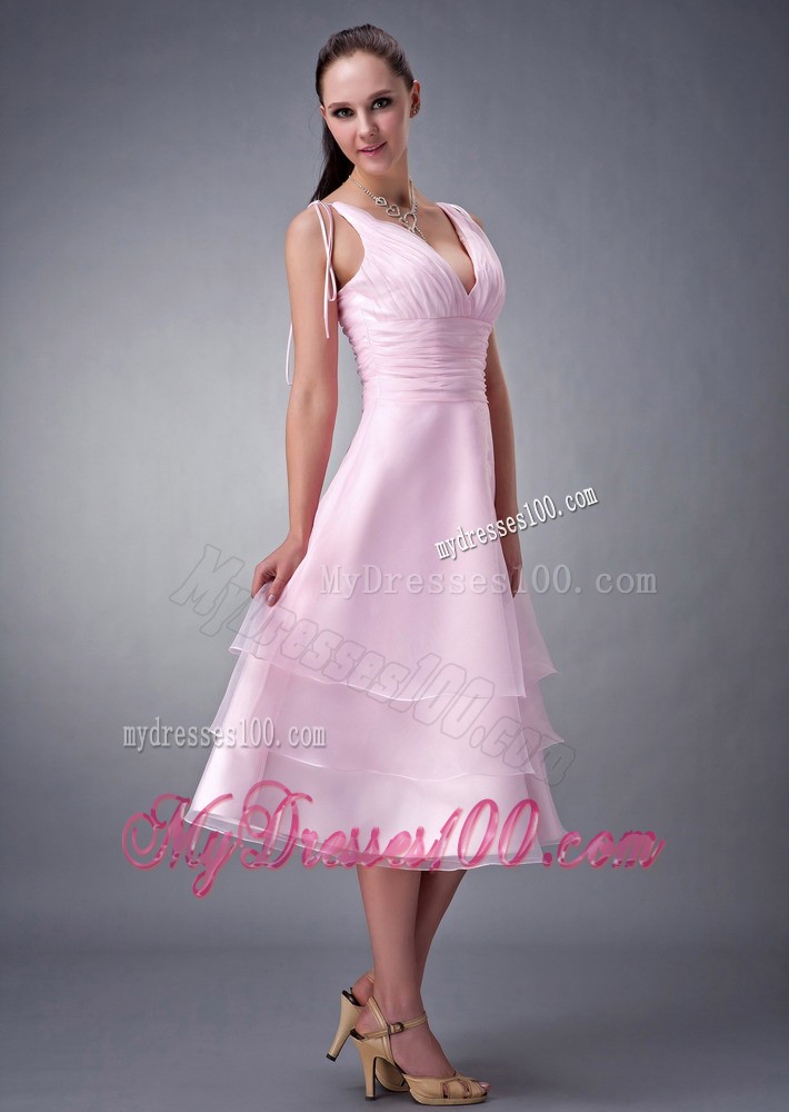 Baby Pink Princess V-neck Bridesmaid Dress for Layered Design