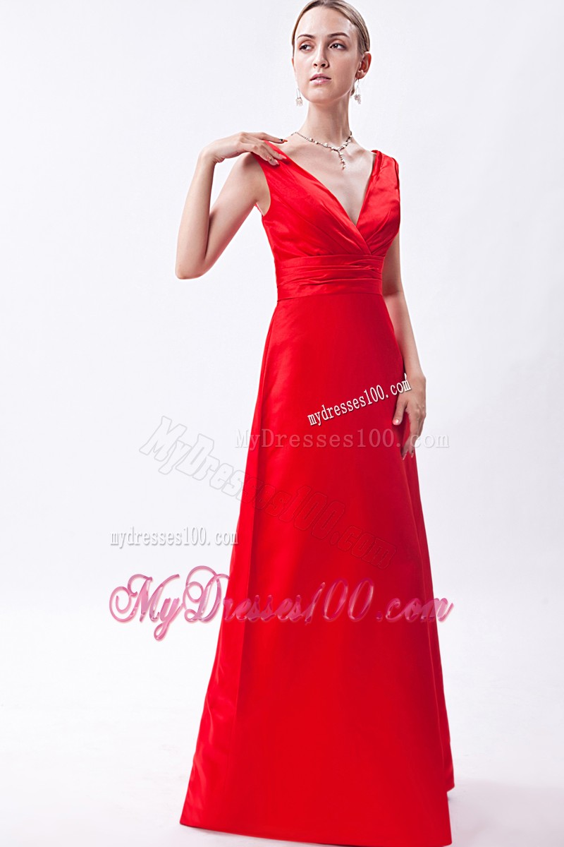 Column V-neck Ruche Prom Dress in Red with Wide Straps
