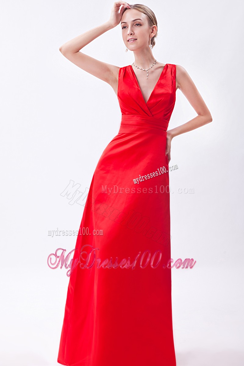 Column V-neck Ruche Prom Dress in Red with Wide Straps