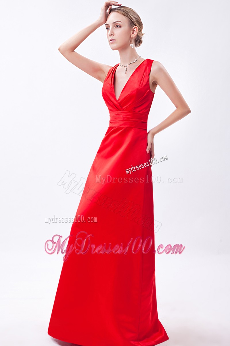 Column V-neck Ruche Prom Dress in Red with Wide Straps