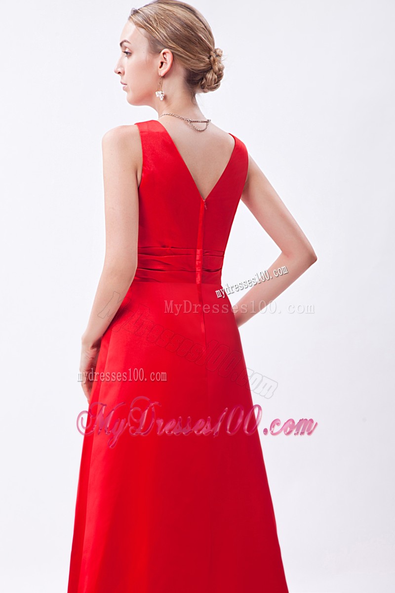 Column V-neck Ruche Prom Dress in Red with Wide Straps