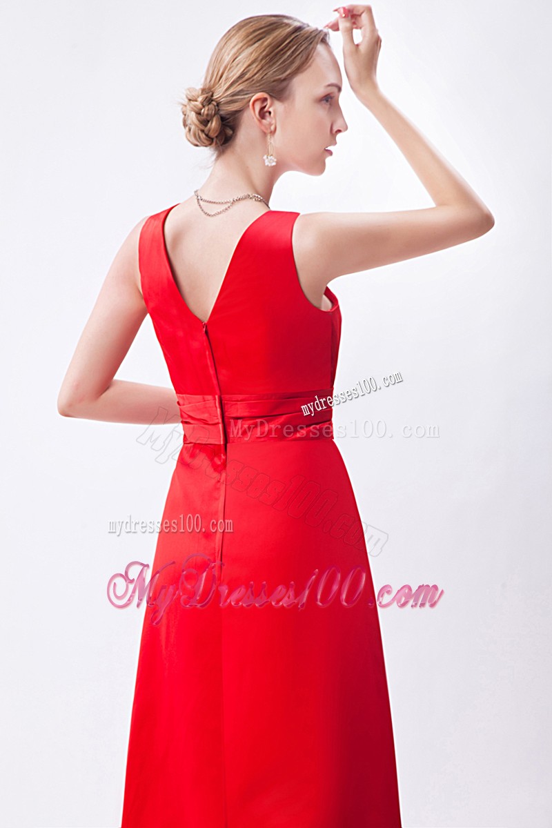 Column V-neck Ruche Prom Dress in Red with Wide Straps