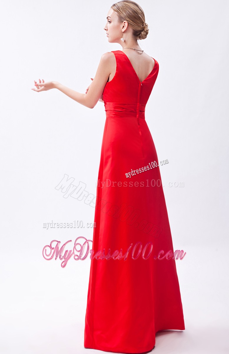 Column V-neck Ruche Prom Dress in Red with Wide Straps