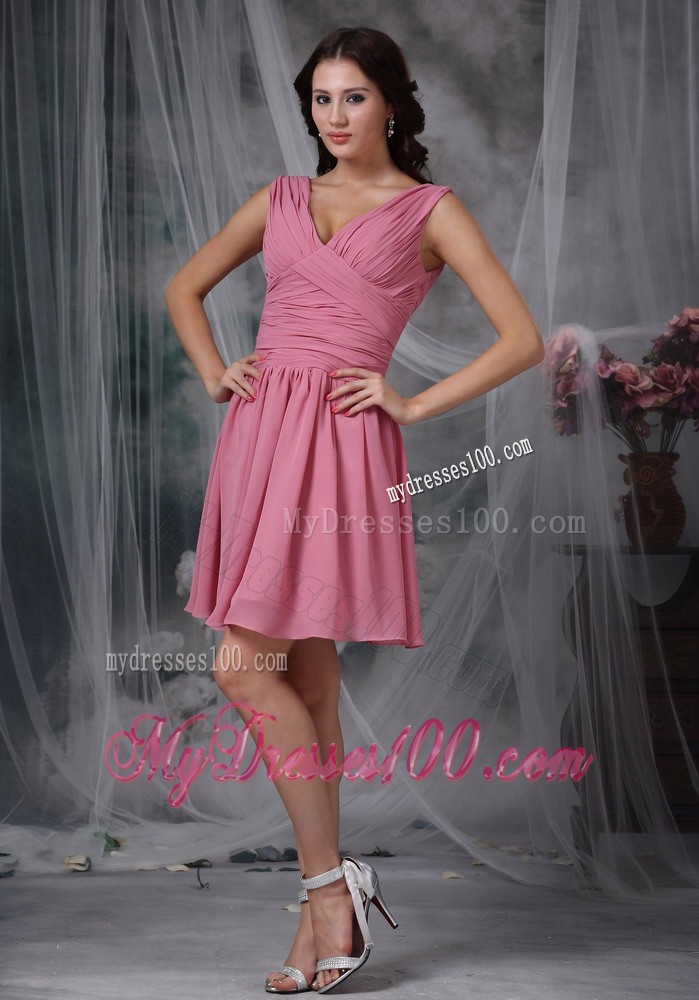 Rose Pink Empire V-neck Mini-length Ruche Prom Dress