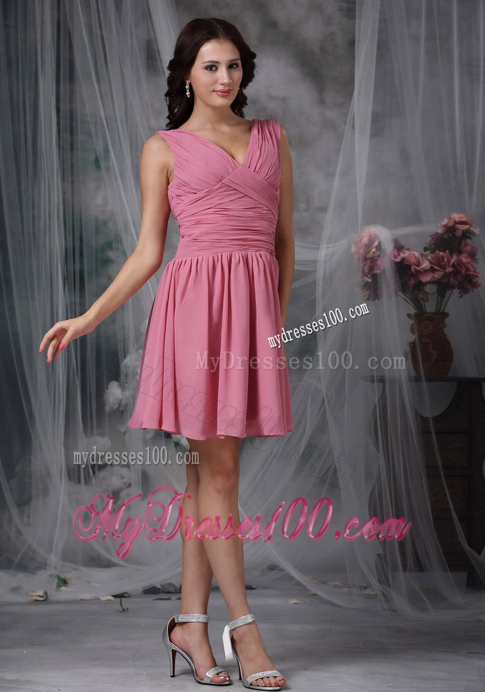 Rose Pink Empire V-neck Mini-length Ruche Prom Dress