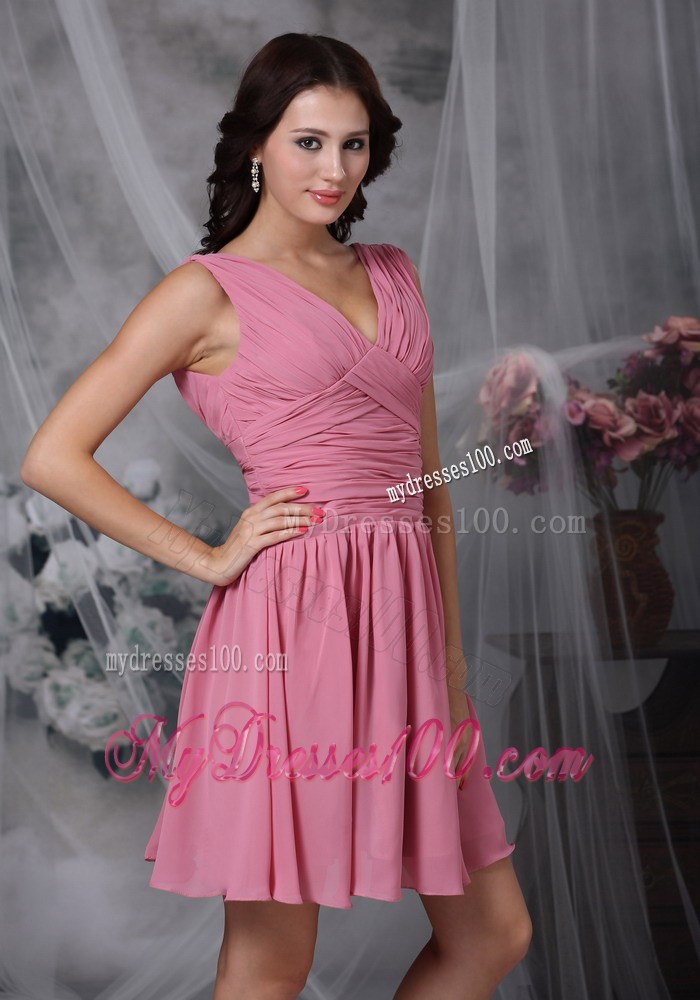 Rose Pink Empire V-neck Mini-length Ruche Prom Dress