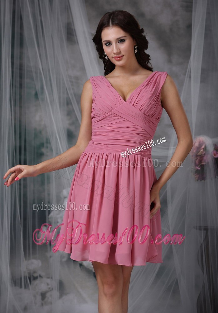 Rose Pink Empire V-neck Mini-length Ruche Prom Dress