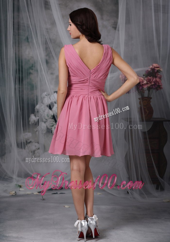 Rose Pink Empire V-neck Mini-length Ruche Prom Dress