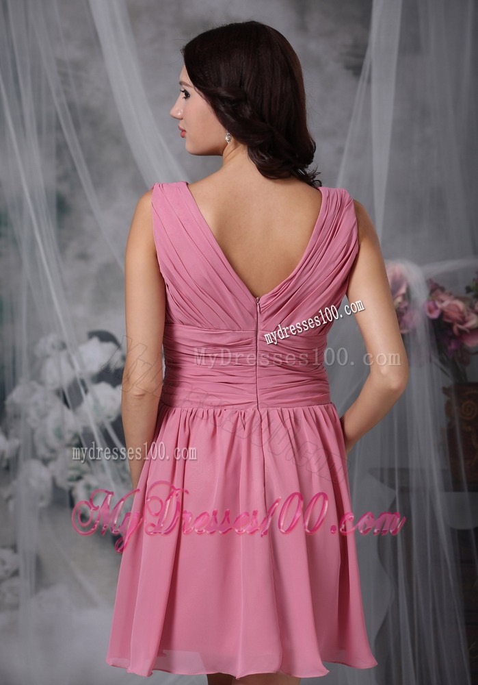 Rose Pink Empire V-neck Mini-length Ruche Prom Dress