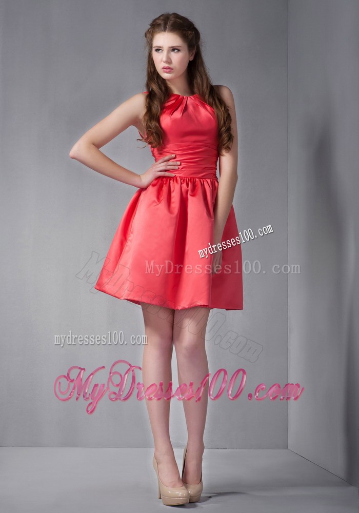 Rust Red Mini-length Scoop Bridesmaid Dress with Ruching