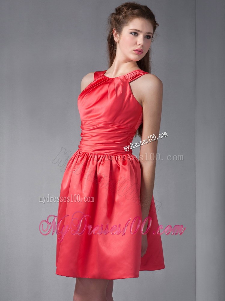 Rust Red Mini-length Scoop Bridesmaid Dress with Ruching