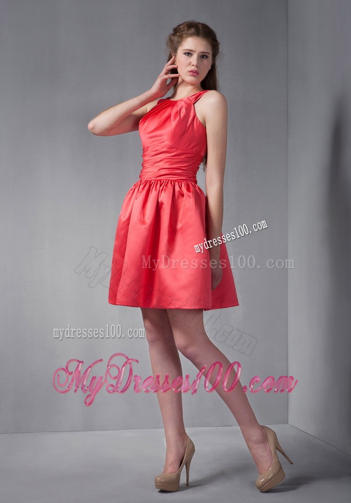 Rust Red Mini-length Scoop Bridesmaid Dress with Ruching