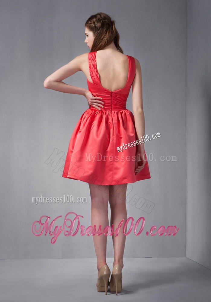 Rust Red Mini-length Scoop Bridesmaid Dress with Ruching